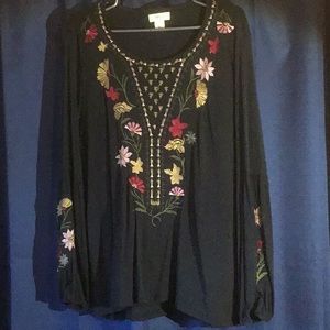 Style and Company Embroidered Sheer Black Blouse